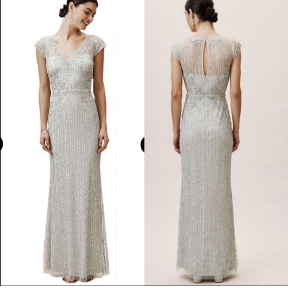 Bhldn Bridesmaid Maxi Beaded dress silver/ blue